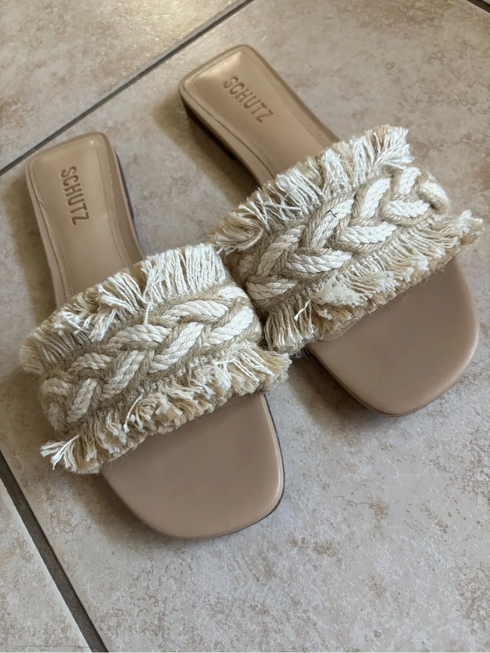 SCHUTZ Beige Braided Fringe Sandals